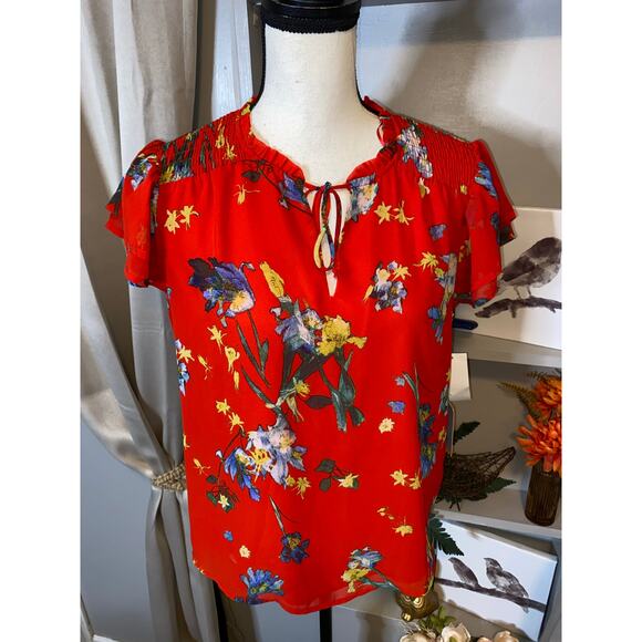 CeCe NWT $79 size Small Island Oasis Color 691 Fiery Red Lined Cap Sleeve Blouse - Picture 2 of 11